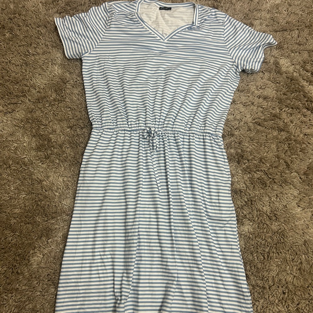 Huskary XL Women’s Striped V-Neck Drawstring Waist T-Shirt Dress - Light Blue &
